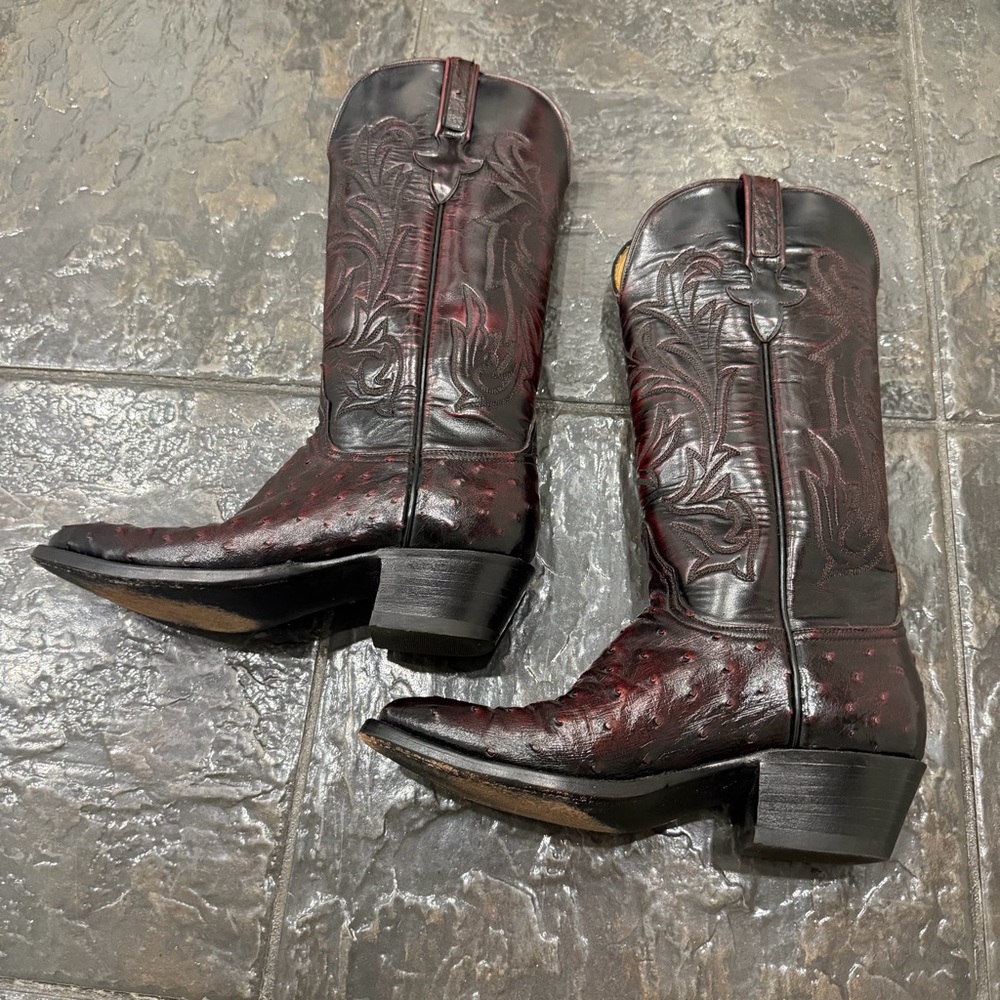 Lucchese Handmade Exotic Ostrich Leather Western Cowboy Boots Burgundy 6.5 - Picture 8 of 15
